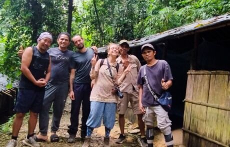 Posing in front of the jungle shelter in the sumatra jungle bukit lawang