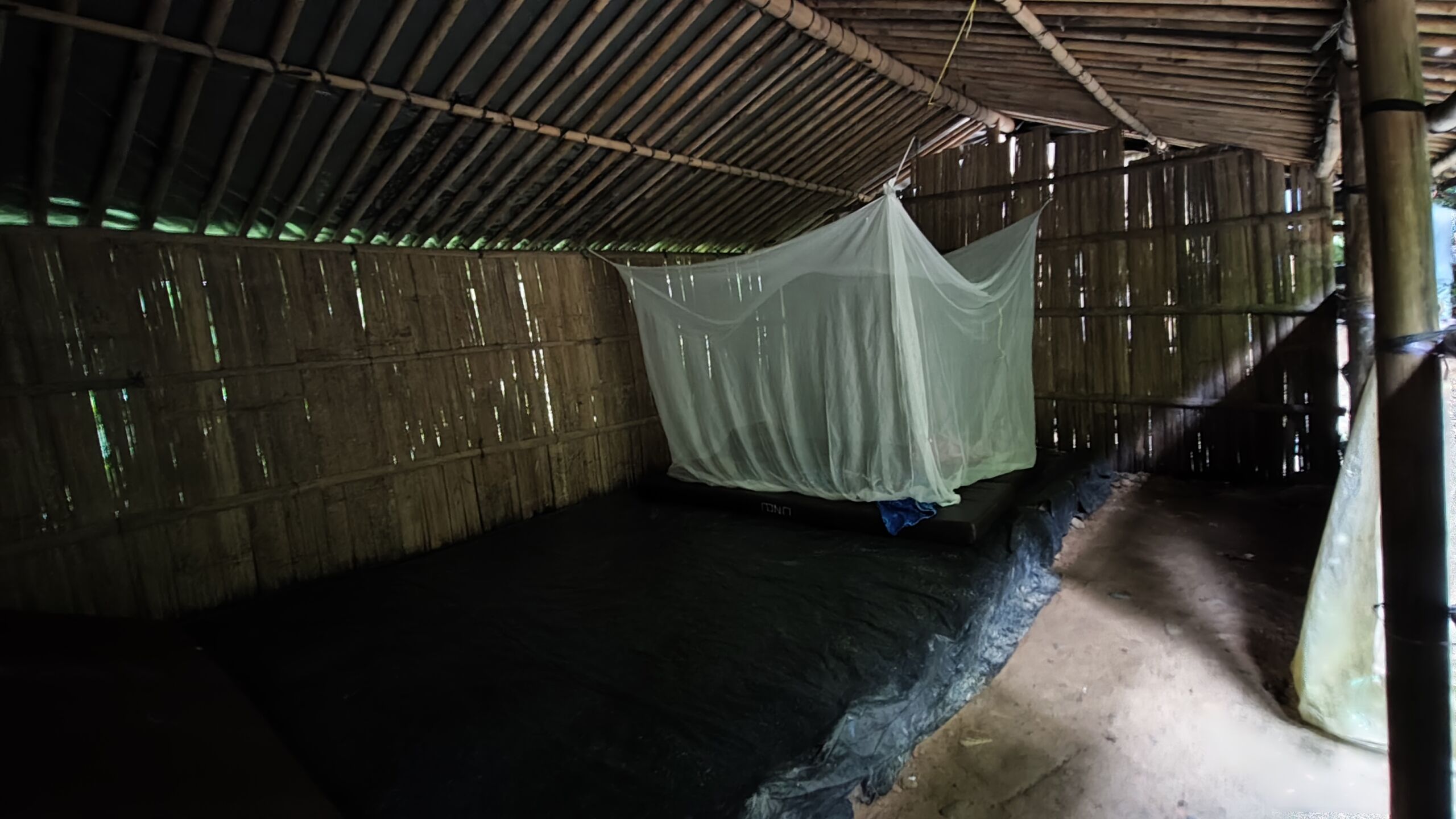 Jungle shelter with mosquito net inside the shelter Jungle shelter with mosquito net inside the shelter