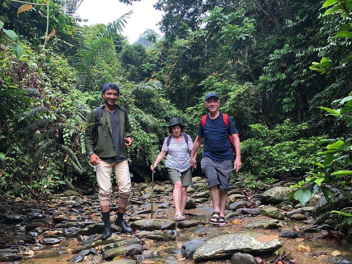 Walking in the river path bukit lawang jungle trekking